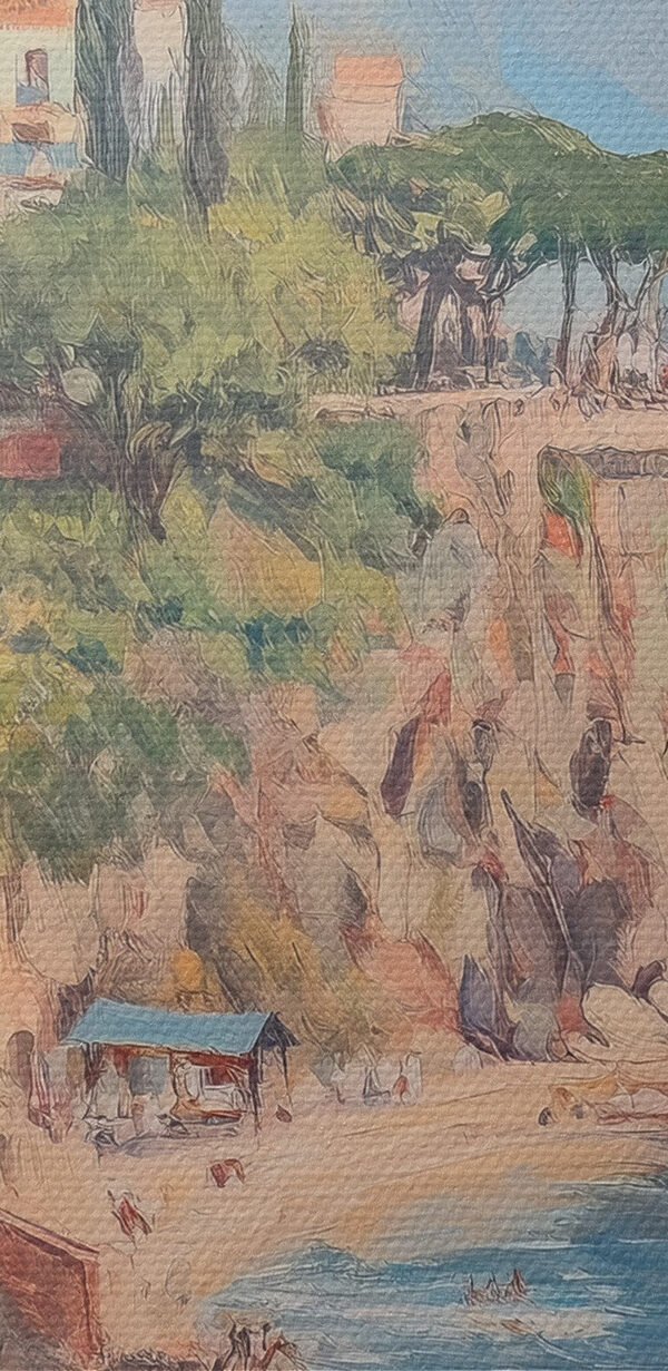 Schilderij van een stad op een klif aan het water Schilderij van een stad op een klif aan het water