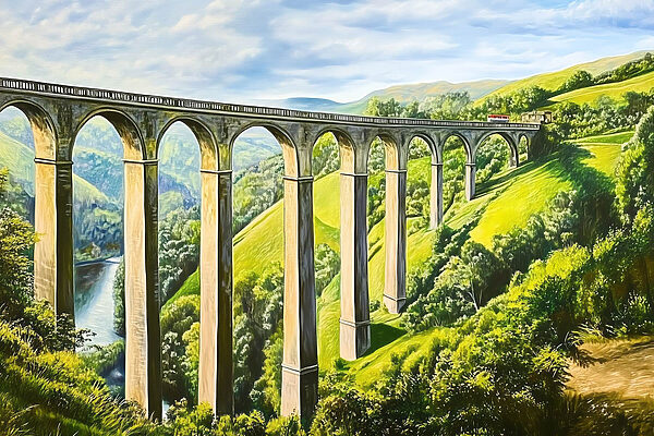 Trein op een brug over een rivier Trein op een brug over een rivier