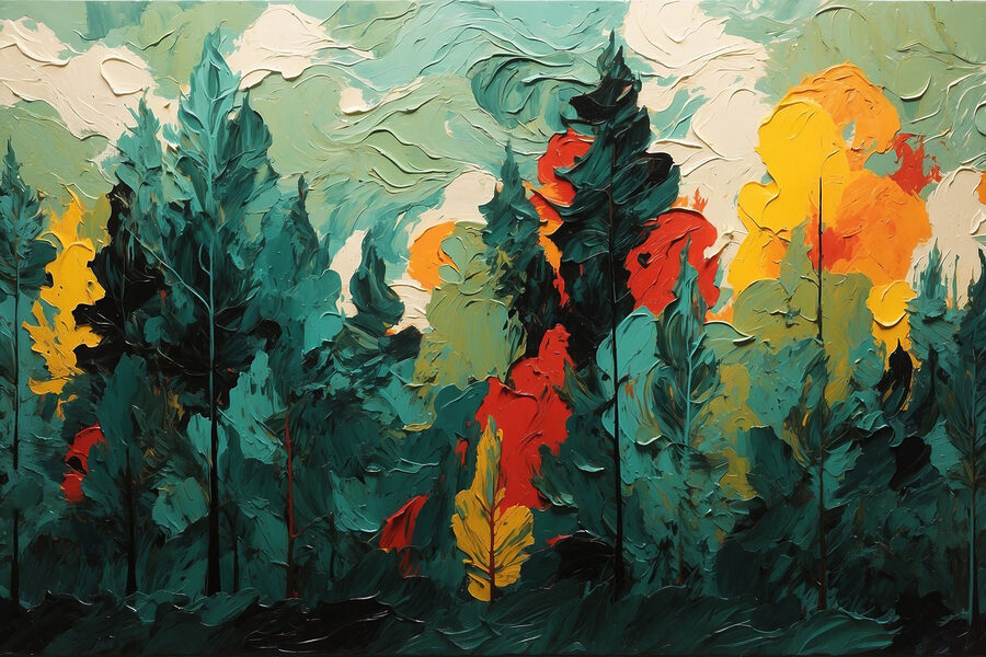 Schilderij van bomen en zon