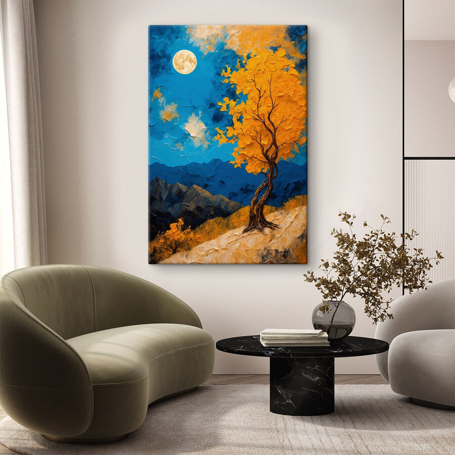 Schilderij van een boom met gele bladeren