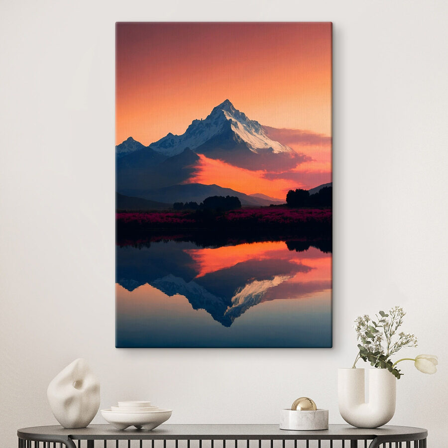 Bergketen met bloemen en een meer