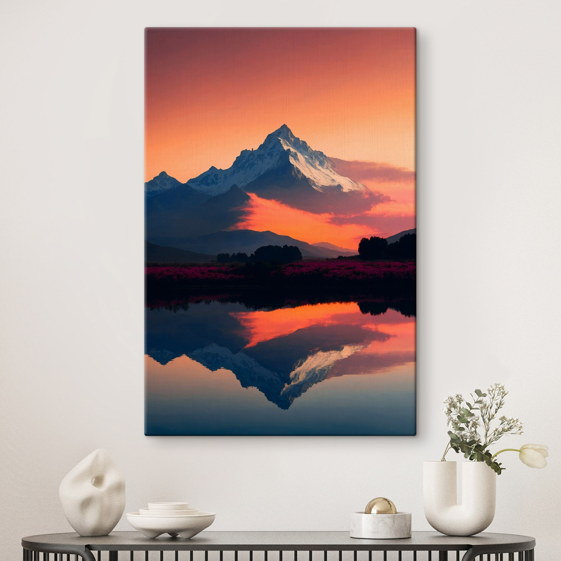 Mountain range with flowers and a lake Mountain range with flowers and a lake