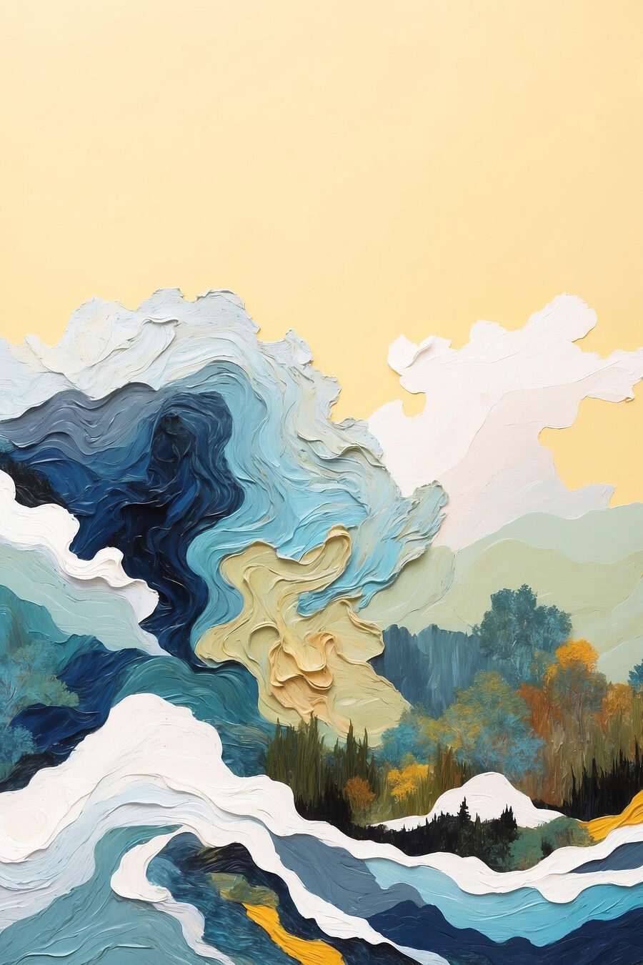 Schilderij van bomen en wolken