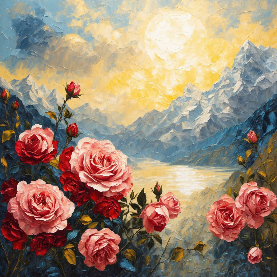 Schilderij van bloemen en bergen