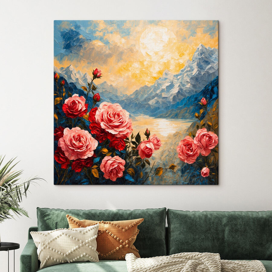 Schilderij van bloemen en bergen