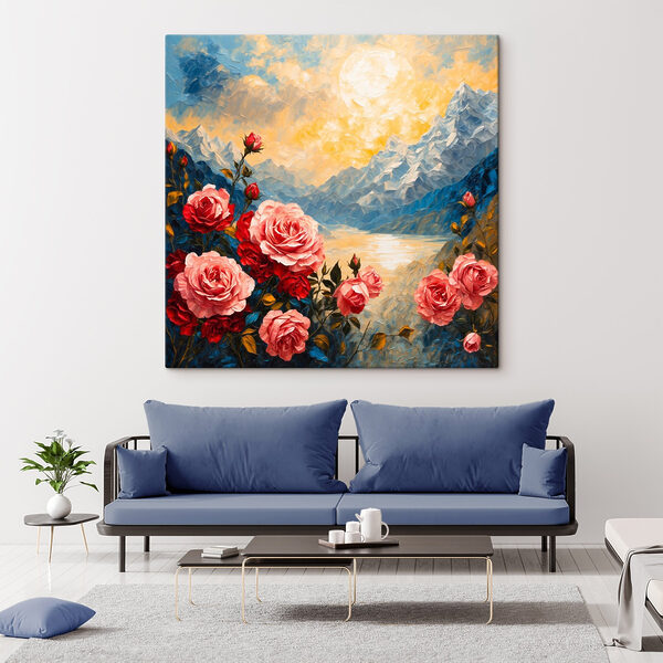 Schilderij van bloemen en bergen Schilderij van bloemen en bergen