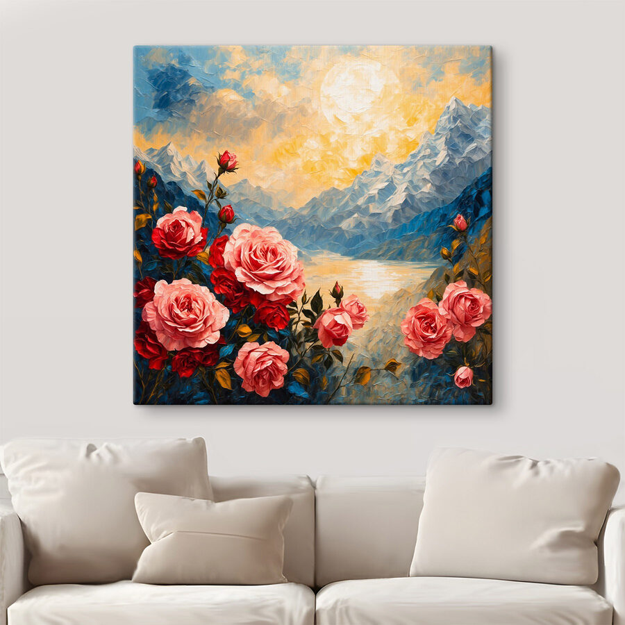 Schilderij van bloemen en bergen