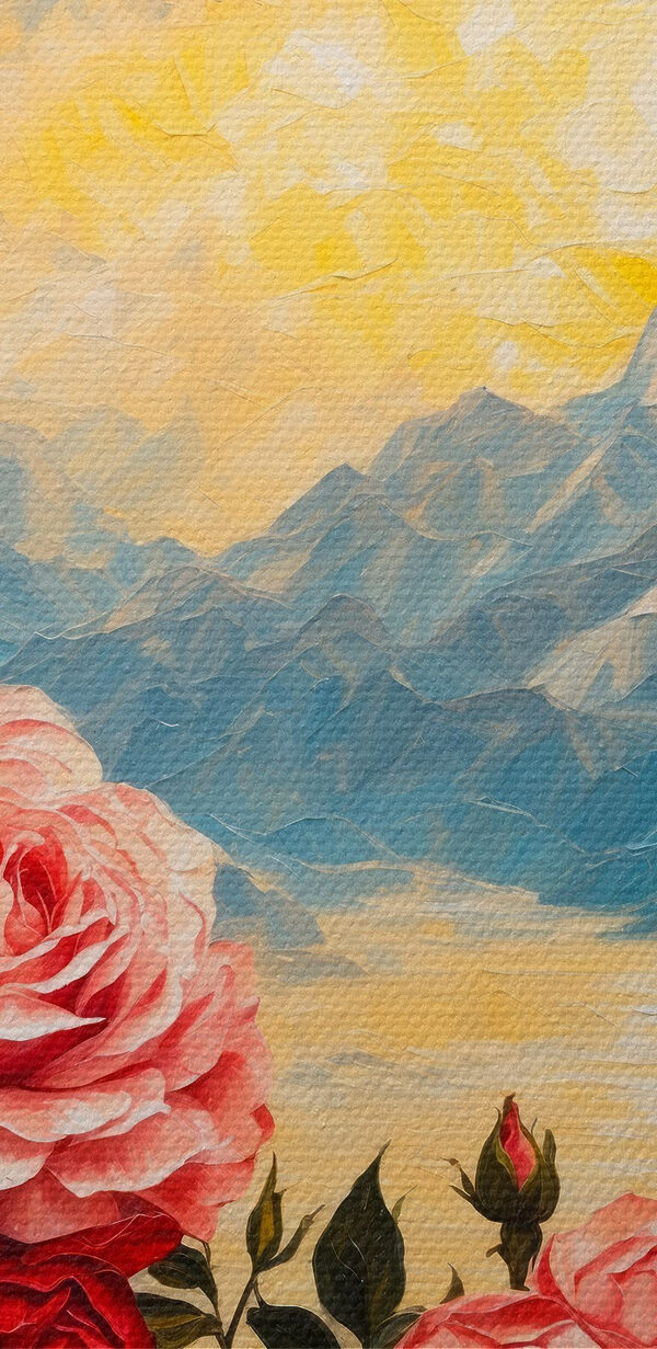 Schilderij van bloemen en bergen Schilderij van bloemen en bergen