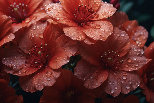 Groep rode bloemen met waterdruppels Groep rode bloemen met waterdruppels