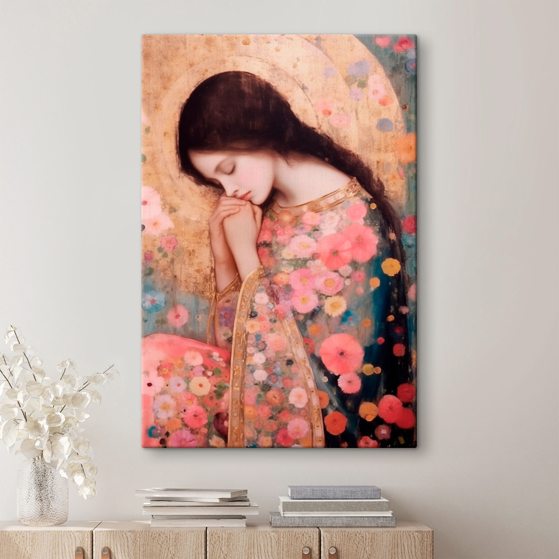 Painting of a woman sleeping with her hands folded