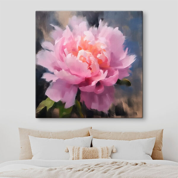 Canvas Schilderijen Roze bloem met groene bladeren