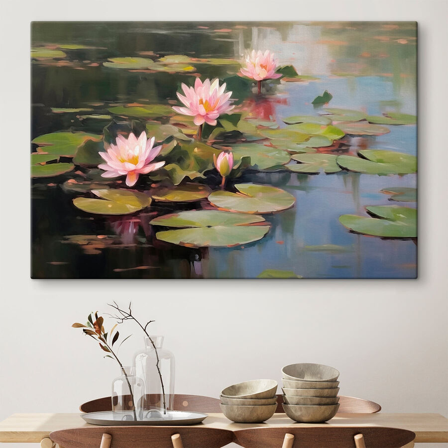 Groep roze bloemen op lelieblad Groep roze bloemen op lelieblad