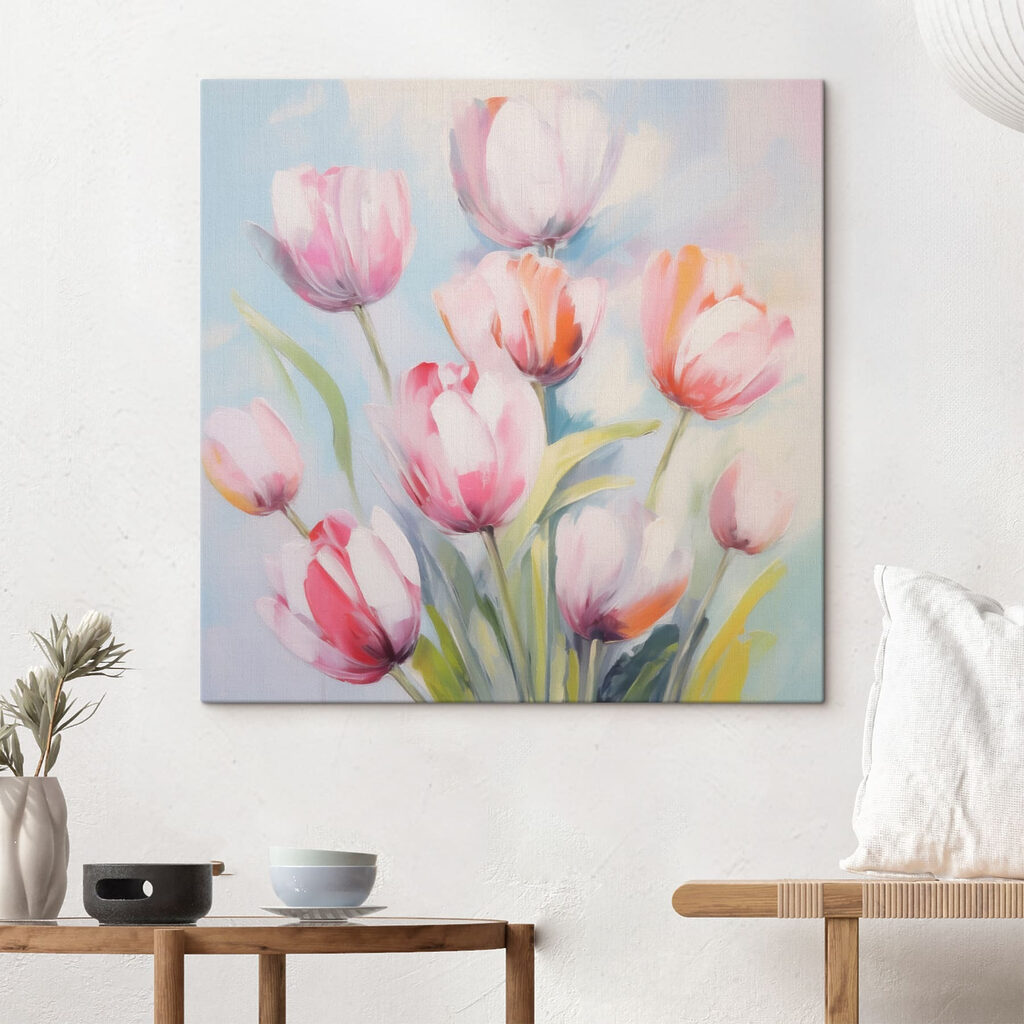 Painting of pink and white tulips Painting of pink and white tulips