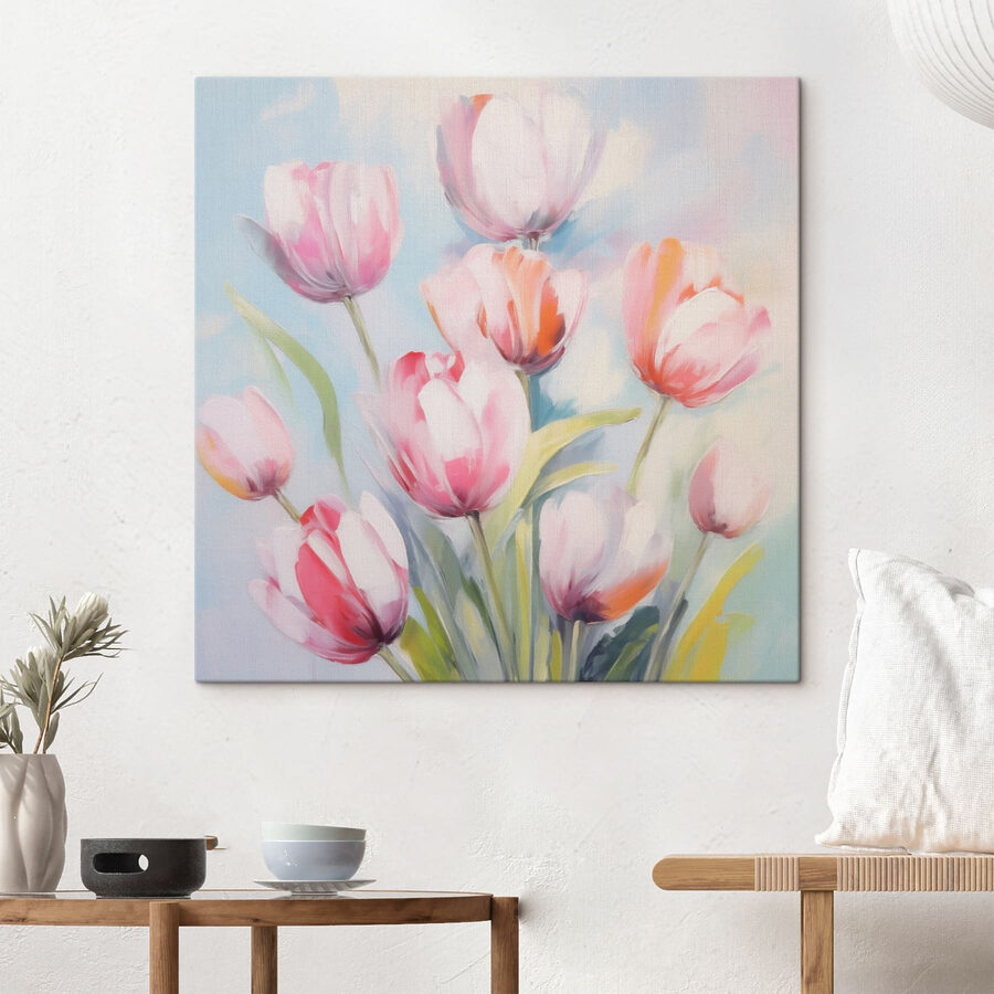 Schilderij van roze en witte tulpen