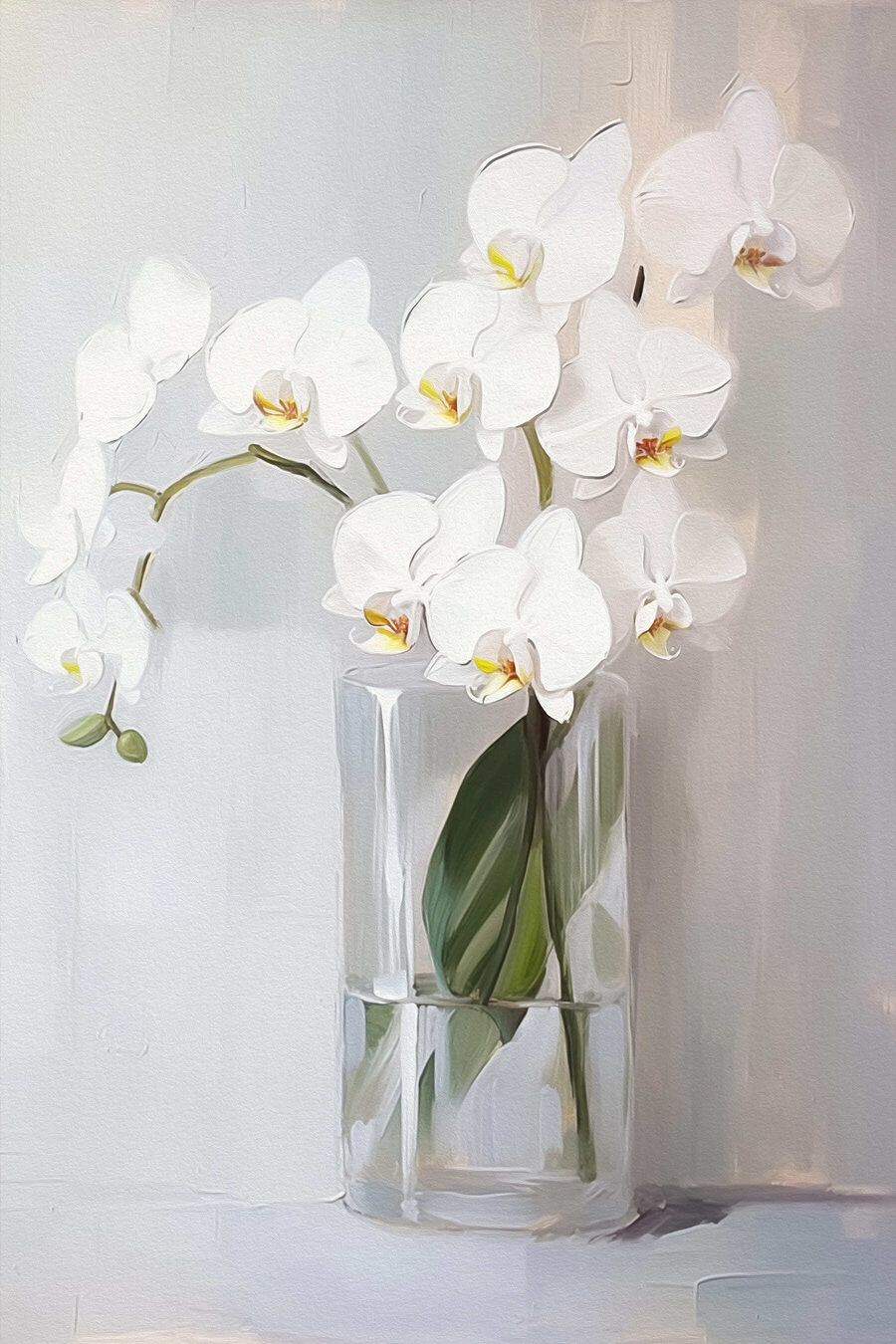 Schilderij van een witte orchidee in een glazen vaas
