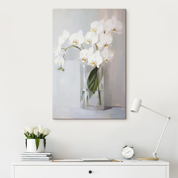 Schilderij van een witte orchidee in een glazen vaas Schilderij van een witte orchidee in een glazen vaas