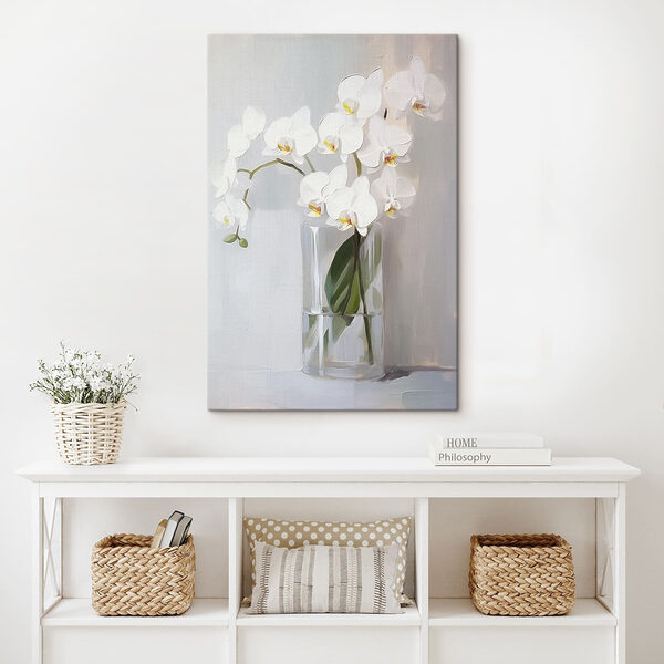 Schilderij van een witte orchidee in een glazen vaas Schilderij van een witte orchidee in een glazen vaas