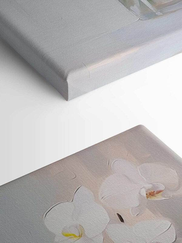 Schilderij van een witte orchidee in een glazen vaas Schilderij van een witte orchidee in een glazen vaas
