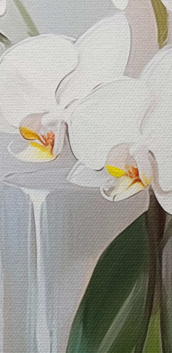 Schilderij van een witte orchidee in een glazen vaas Schilderij van een witte orchidee in een glazen vaas