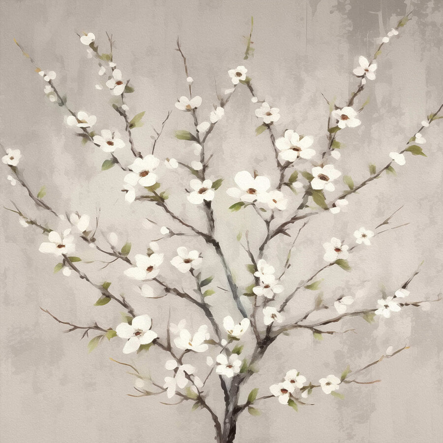 Schilderij van een boom met witte bloemen Schilderij van een boom met witte bloemen