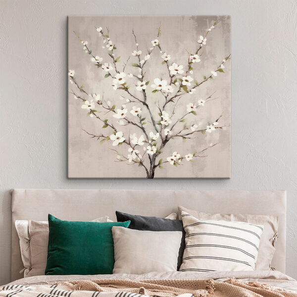 Schilderij van een boom met witte bloemen Schilderij van een boom met witte bloemen