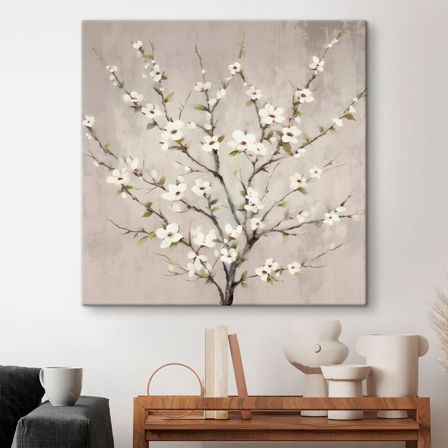 Schilderij van een boom met witte bloemen Schilderij van een boom met witte bloemen