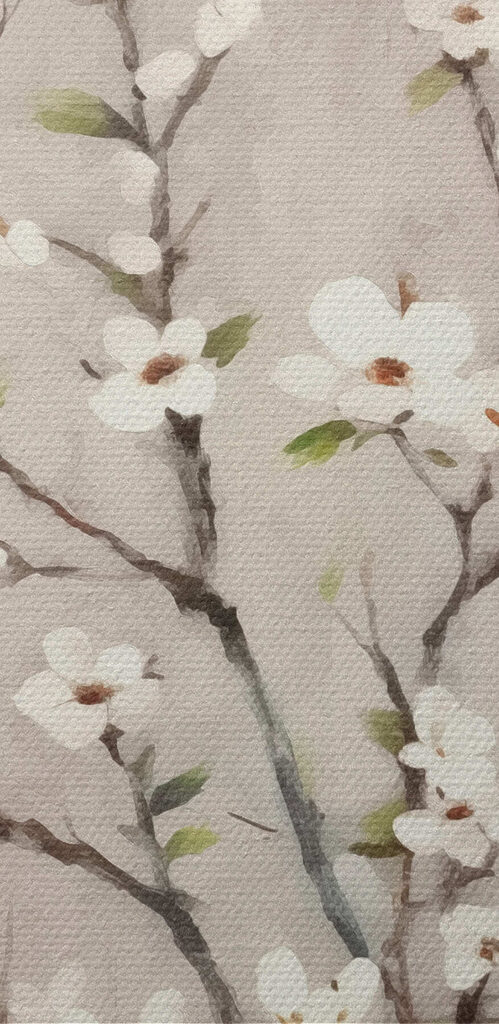 Painting of a tree with white flowers