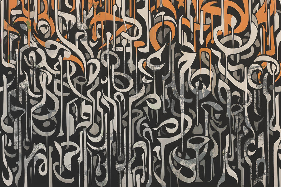 Zwart-wit kunst met oranje en witte lijnen