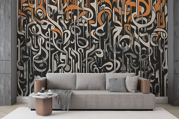 Zwart-wit kunst met oranje en witte lijnen Zwart-wit kunst met oranje en witte lijnen