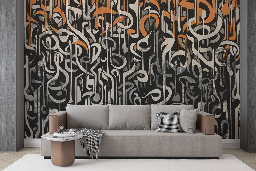 Zwart-wit kunst met oranje en witte lijnen