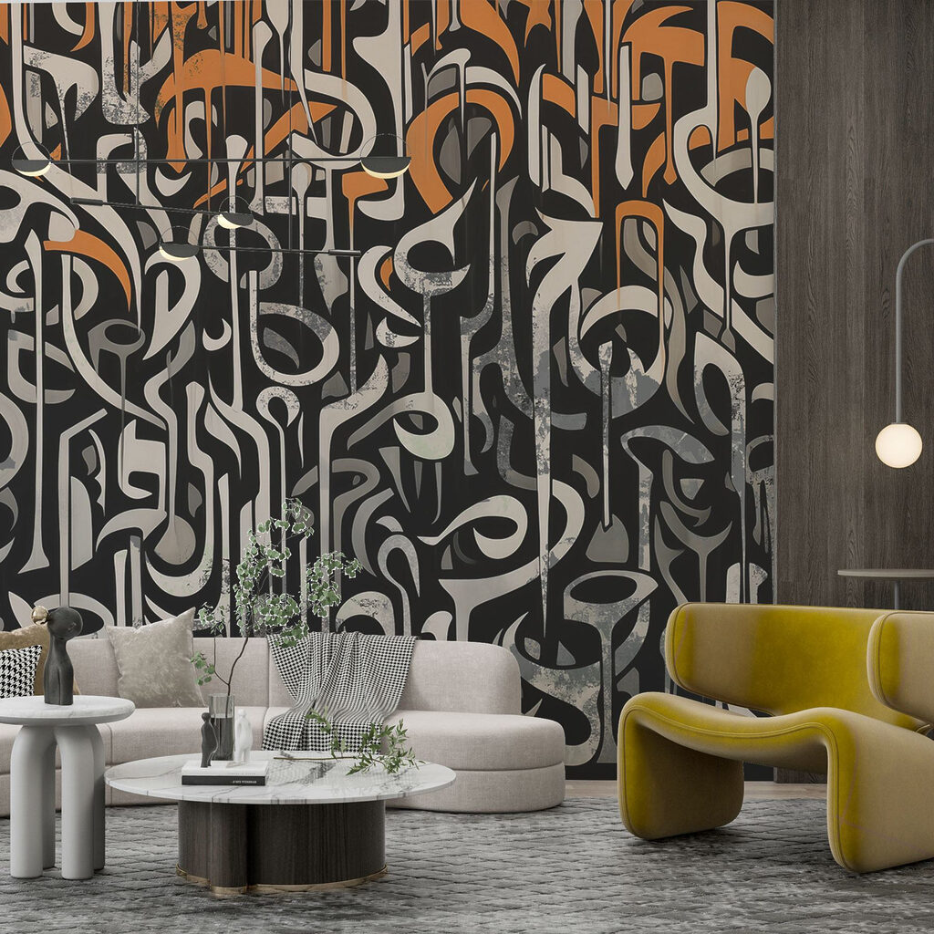 Black and white art with orange and white lines Black and white art with orange and white lines