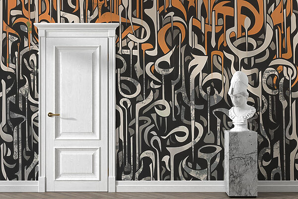 Zwart-wit kunst met oranje en witte lijnen Zwart-wit kunst met oranje en witte lijnen