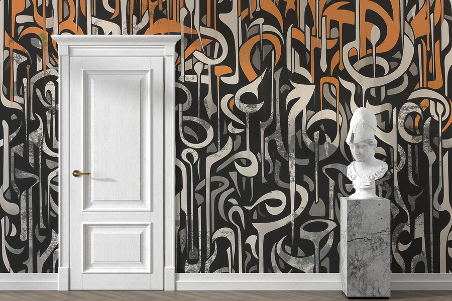 Zwart-wit kunst met oranje en witte lijnen