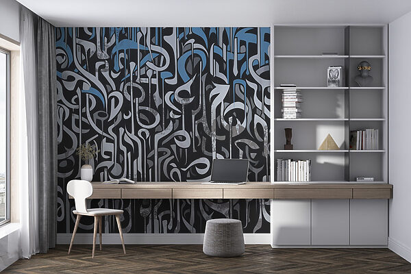 Zwart-wit kunst met blauwe en witte lijnen Zwart-wit kunst met blauwe en witte lijnen