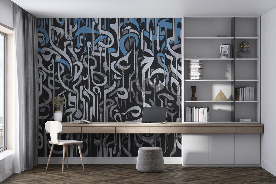Zwart-wit kunst met blauwe en witte lijnen Zwart-wit kunst met blauwe en witte lijnen