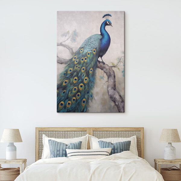 Schilderij van een pauw op een tak Schilderij van een pauw op een tak