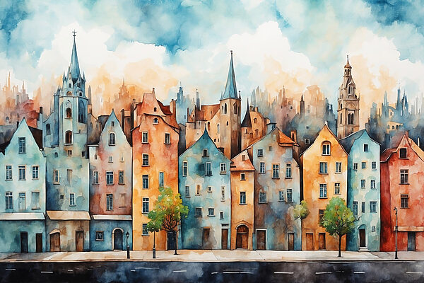 Aquarel van een rij gebouwen Aquarel van een rij gebouwen