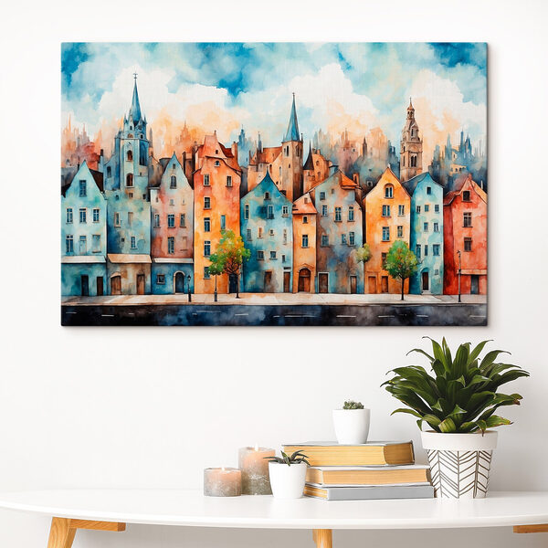 Aquarel van een rij gebouwen Aquarel van een rij gebouwen