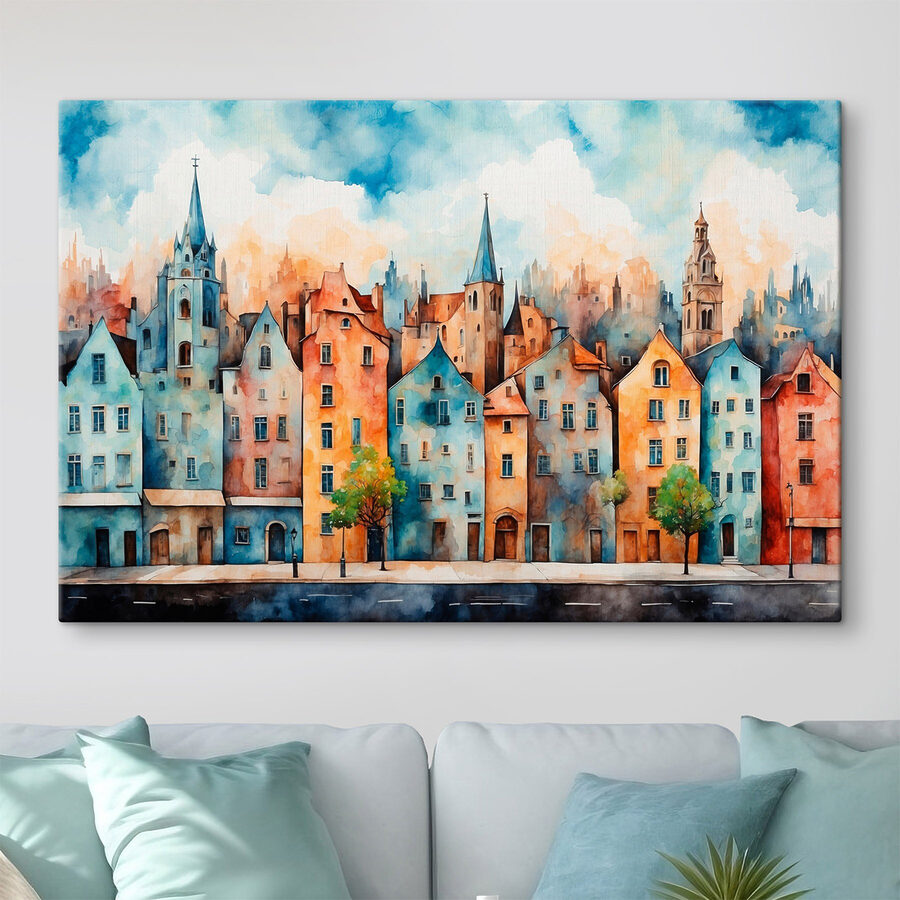 Aquarel van een rij gebouwen