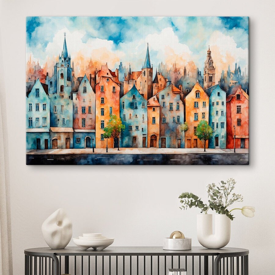 Aquarel van een rij gebouwen