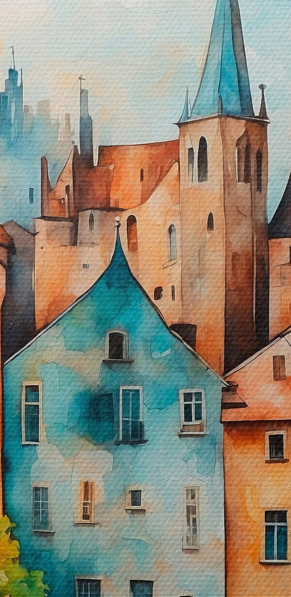 Aquarel van een rij gebouwen Aquarel van een rij gebouwen
