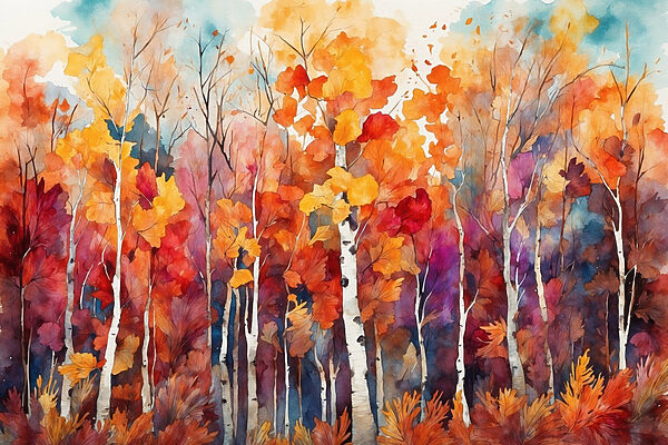 Aquarel van bomen met oranje en paarse bladeren Aquarel van bomen met oranje en paarse bladeren