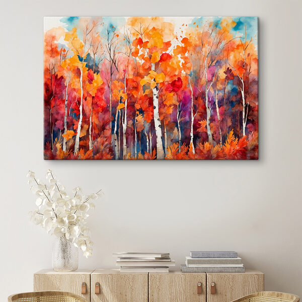 Aquarel van bomen met oranje en paarse bladeren Aquarel van bomen met oranje en paarse bladeren