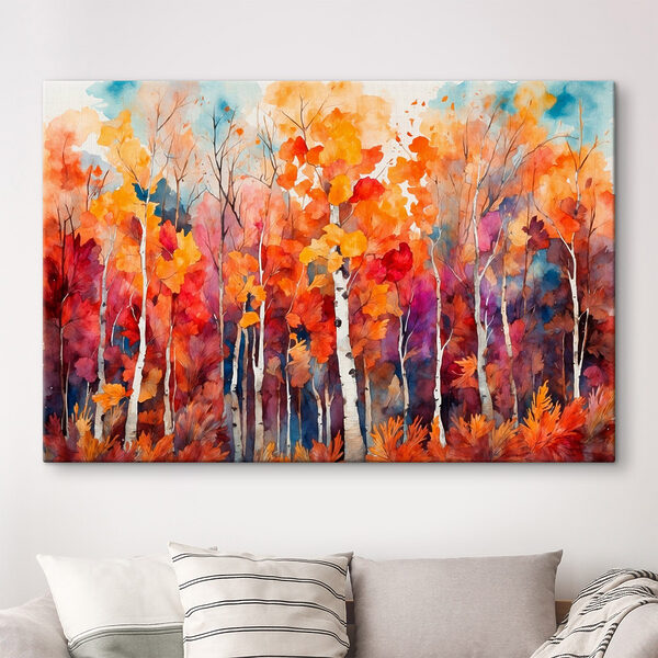 Aquarel van bomen met oranje en paarse bladeren Aquarel van bomen met oranje en paarse bladeren