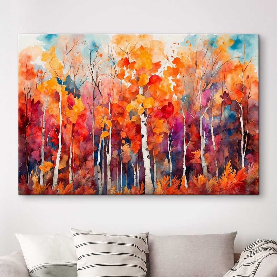 Aquarel van bomen met oranje en paarse bladeren Aquarel van bomen met oranje en paarse bladeren