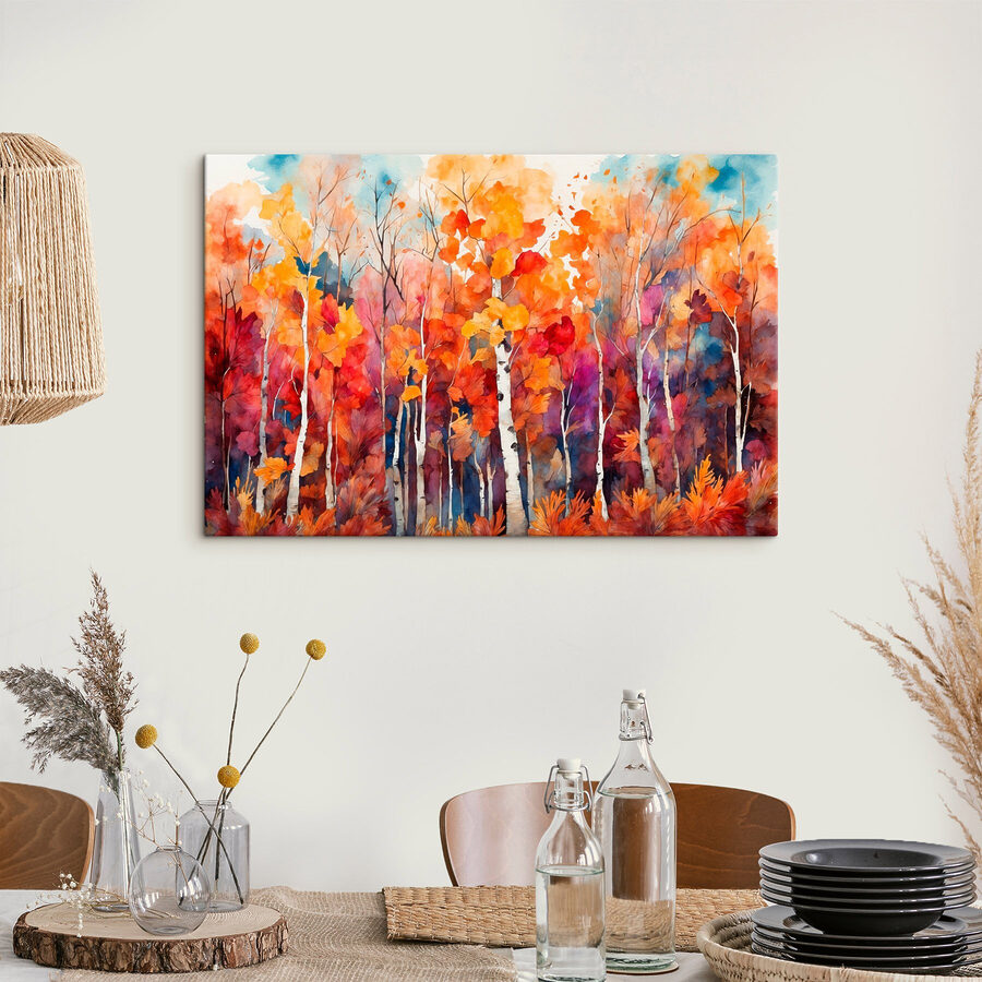 Aquarel van bomen met oranje en paarse bladeren Aquarel van bomen met oranje en paarse bladeren