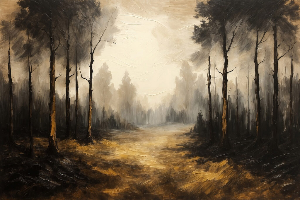 Painting of a forest with trees