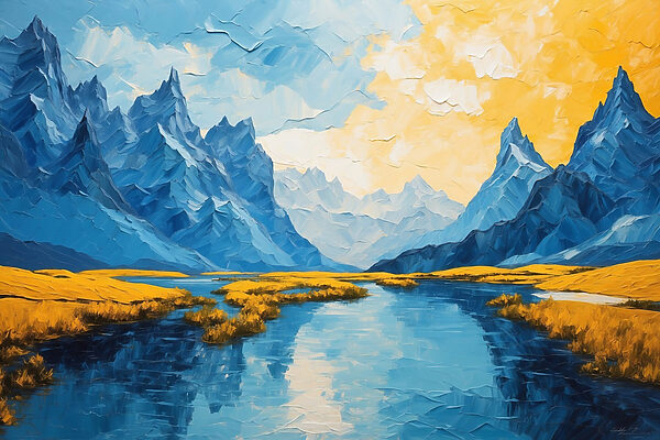 Schilderij van een rivier met bergen en gras Schilderij van een rivier met bergen en gras