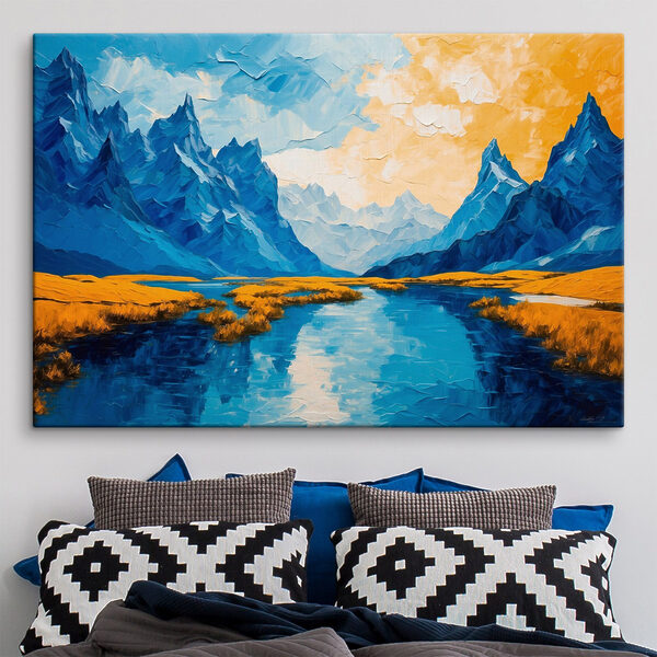 Schilderij van een rivier met bergen en gras Schilderij van een rivier met bergen en gras