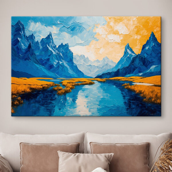 Schilderij van een rivier met bergen en gras Schilderij van een rivier met bergen en gras